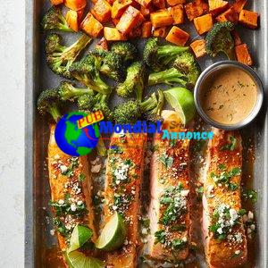 Sheet-Pan Salmon with Candy Potatoes & Broccoli
