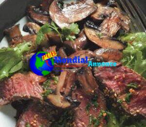 Seared Asian Steak and Mushrooms on Mixed Greens with Ginger Dressing