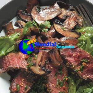 Seared Asian Steak and Mushrooms on Mixed Greens with Ginger Dressing