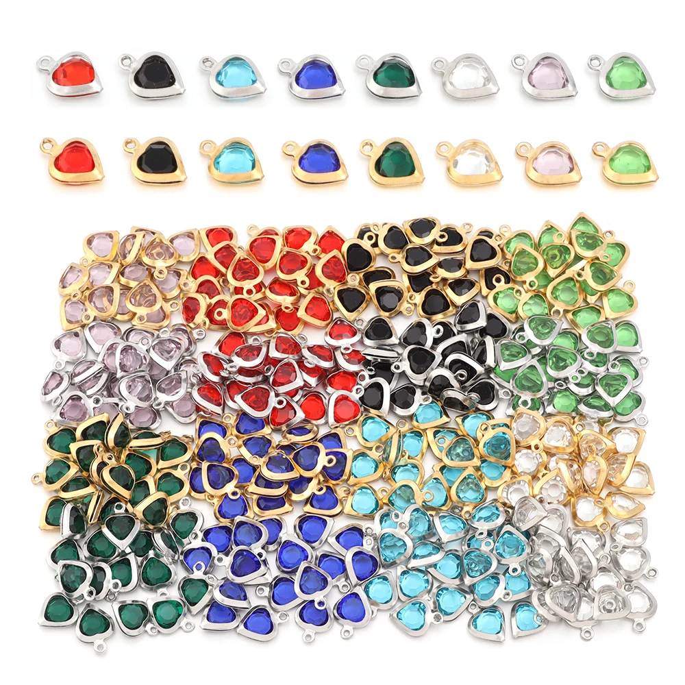 10pcs/lot Color Heart Crystal Charms Stainless Steel Edged Pendants for DIY Necklace Earring Bracelet Jewelry Making Accessories