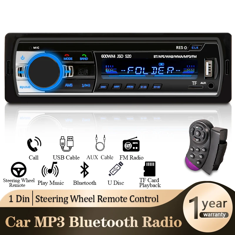 Car Radio 1 din Stereo Player Digital Bluetooth Car MP3 Player 60Wx4 FM Radio Stereo Audio Music USB/SD with In Dash AUX Input