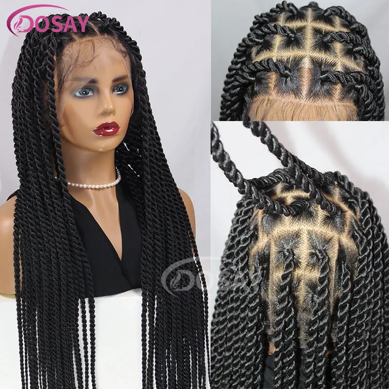 1717199528 264 Full Double Lace Front Square Senegalese Knotless Twist Box Braided Wig 36 Inch Synthetic Lace Braid - Full Double Lace perruque avec tresse 36 pouces synthétique baby hair noir