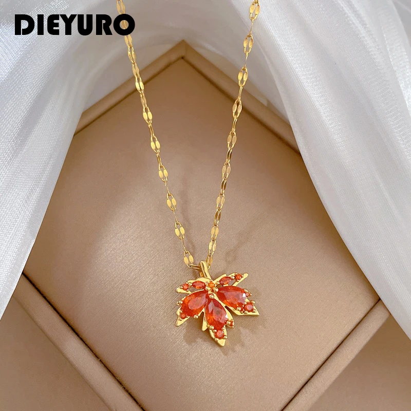 DIEYURO 316L Stainless Steel Red Maple Leaf Crystal Pendant Necklace For Women Girl New Trend Clavicle Chain Jewelry Gift Party