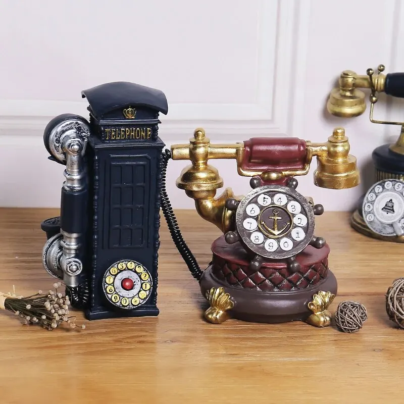 European Style Retro Nostalgic Desktop Telephone Statue, Resin Statue Decoration, Living Room, Bar, Shop Craft Decoration