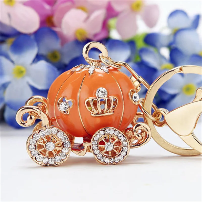 Fantastic Princess Pumpkin Carriage Keyring Crystal Hallowmas Fairytale Keychain Painted Purse Bag Pendant Car Key Ring Holder