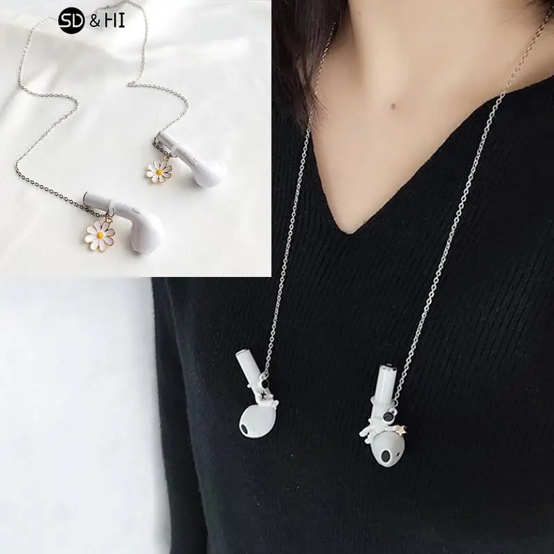 Fashion Anti-Lost Wireless Earphone Necklace for Women Men Exquisite Daisies Pendant Headphone Chain Accessories Gifts