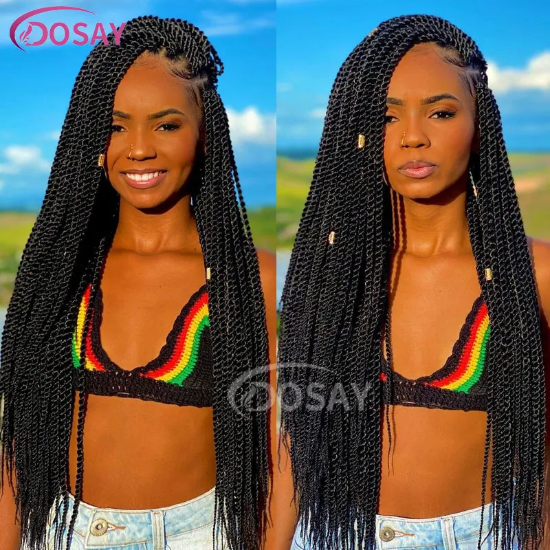 Full Double Lace Front Square Senegalese Knotless Twist Box Braided Wig 36 Inch Synthetic Lace Braid - Full Double Lace perruque avec tresse 36 pouces synthétique baby hair noir