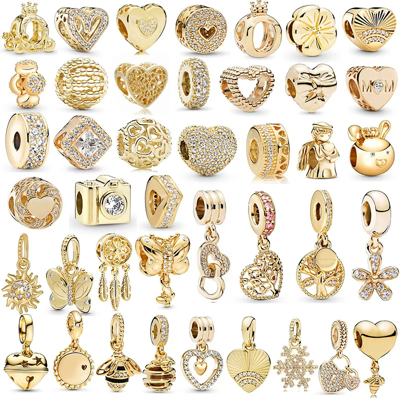 Gold Color Series Charms Beads 925 Silver Plated Diamond Flower Heart Pendant Fit Pandora Bracelet Necklace Keychain DIY Jewelry