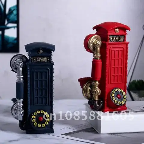 Handmade Crafts Vintage Gifts VILEAD 21cm Resin Telephone Booth Figurines Creative European Call Box Piggy Bank Decoration Hogar