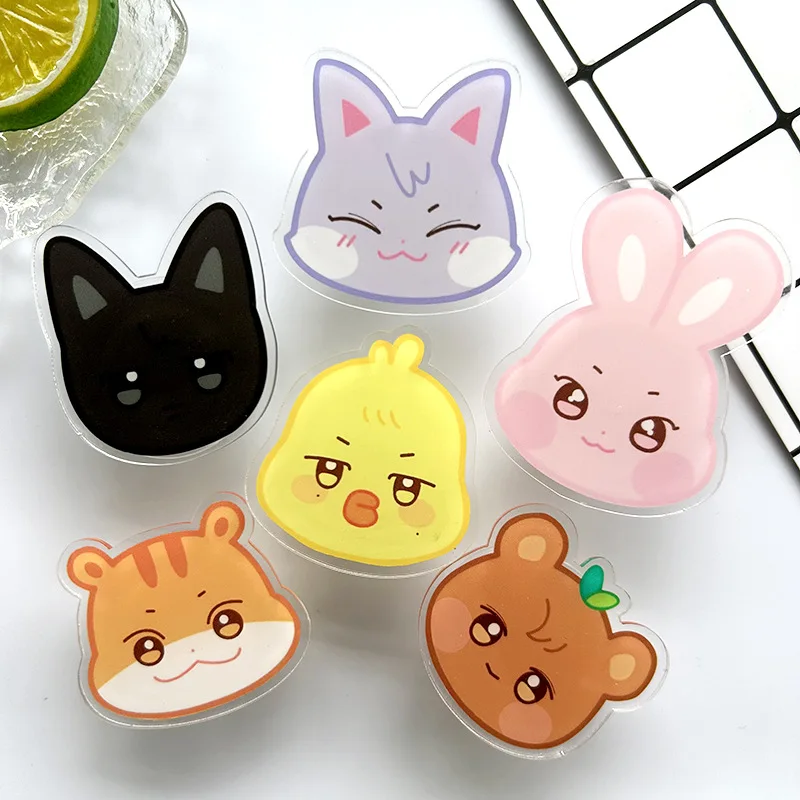 KPOP A TEEZ Cartoon Figures Acrylic Phone Stand Cute Bear Cat Rabbit Folding Bracket Retractable Mobile Phone Holder Fans Gifts