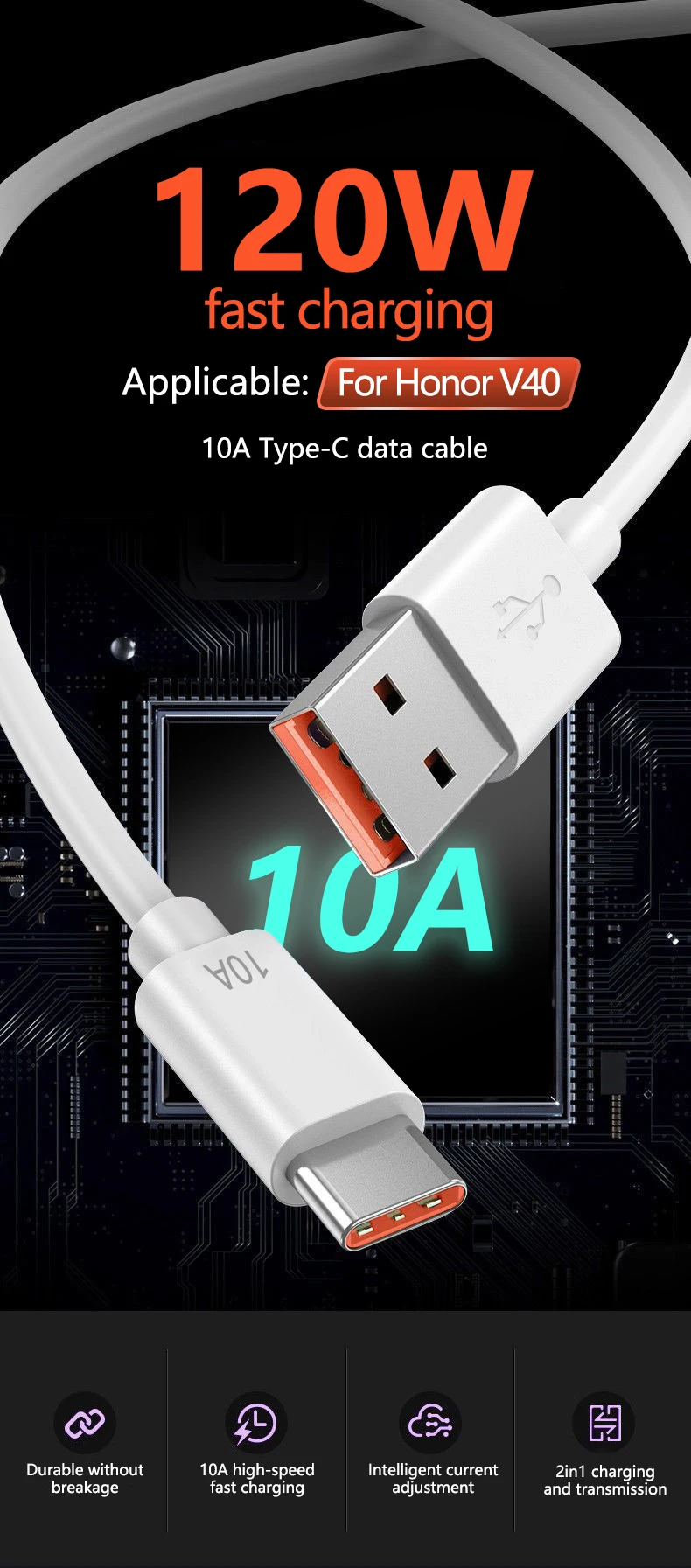 Sf52fe0fc6e704ec5a4f8d1e17640c4feK - 10A Type C Fast Charging Cable for Huawei Mate 40 50 Mobile Phone 120W USB C Charging Wire for Xiaomi Samsung Data Transfer Cord