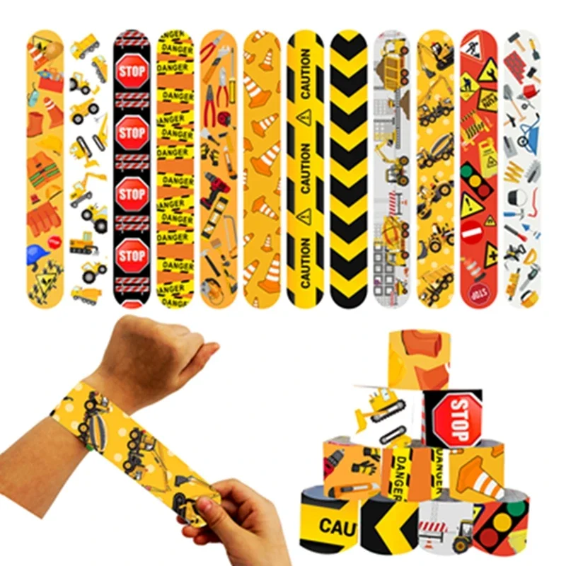 12pcs Construction Car Slap Bracelets Gifts Excavator Party Decoration Kids Boys Happy Engineering Vehicle Birthday Party Favors