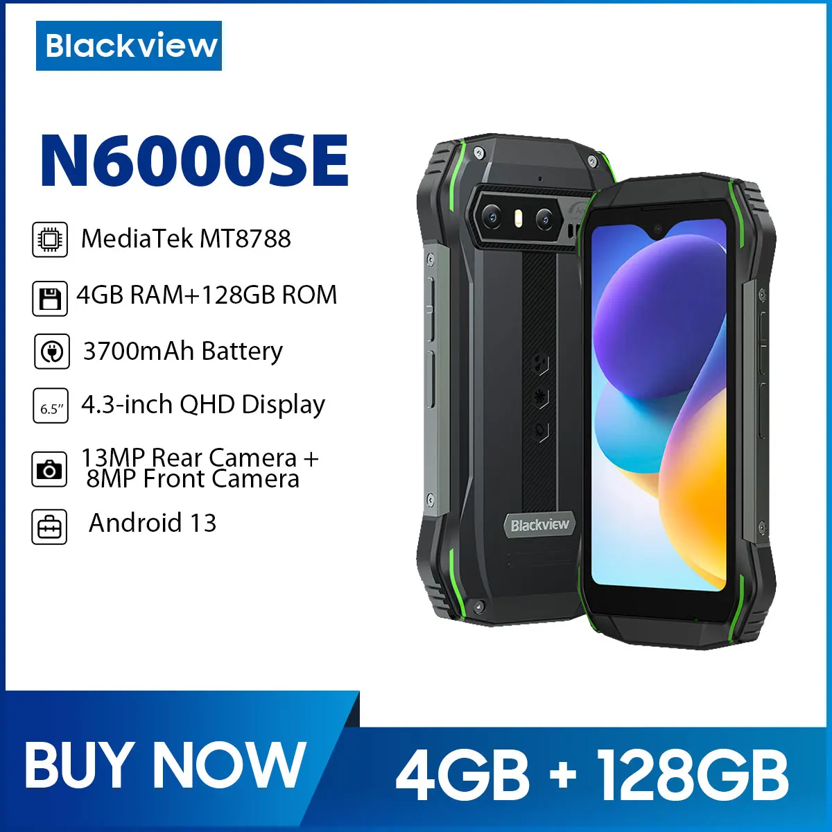 Blackview N6000SE Rugged Smartphone Mini 4.3” Display MTK Octa Core Mobile Phone 4GB RAM 128GB 13MP Camera 3700mAh Android 13