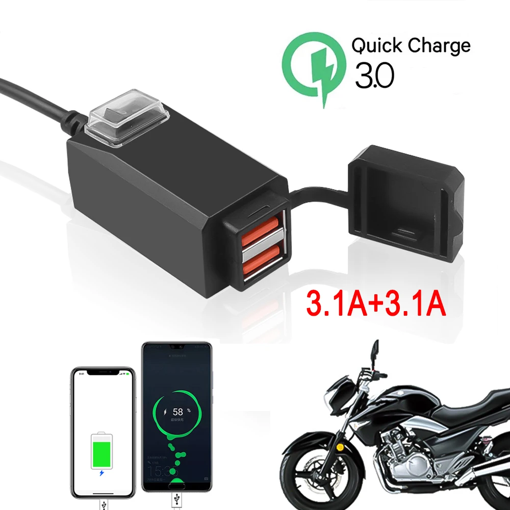 QC3.0 USB Motorcycle Socket Waterproof Dual USB Outlet Change 5V Power Supply Adapter With ON/Off Switch For Phone Navigation