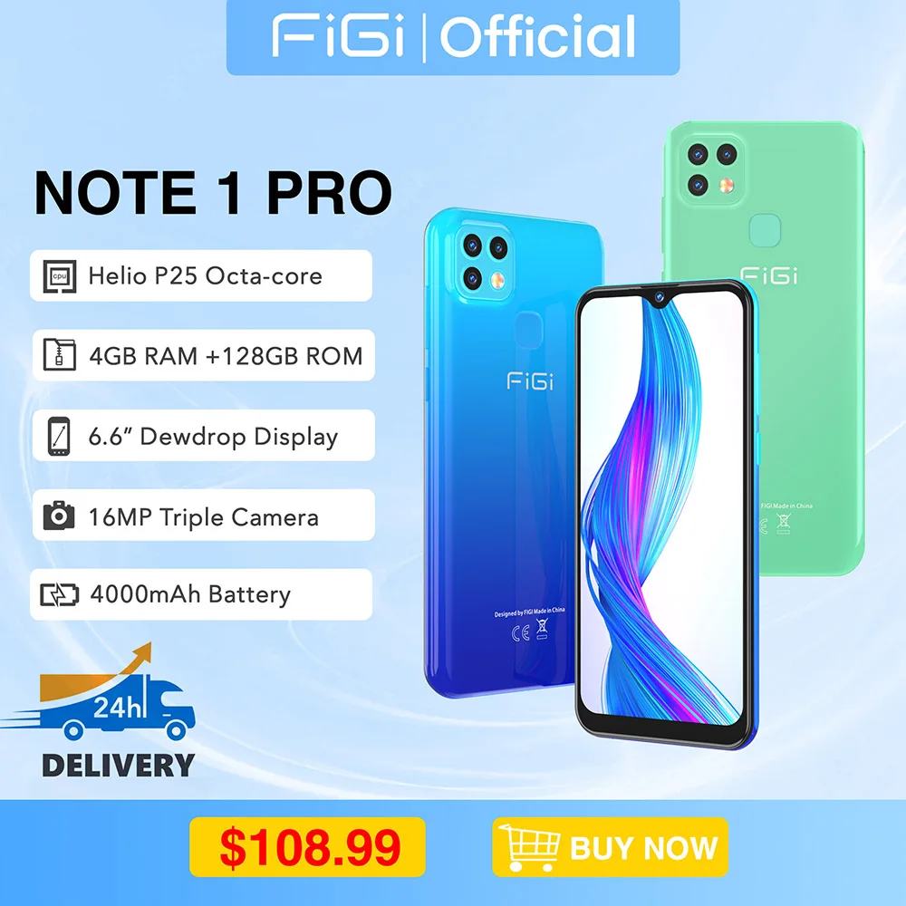 FIGI Note 1 Pro Smartphone Android Helio P25 Octa Core 128GB 4GB Cell phone 6.6Inch 16MP Triple-Camera 4000mAh Telephone Celular