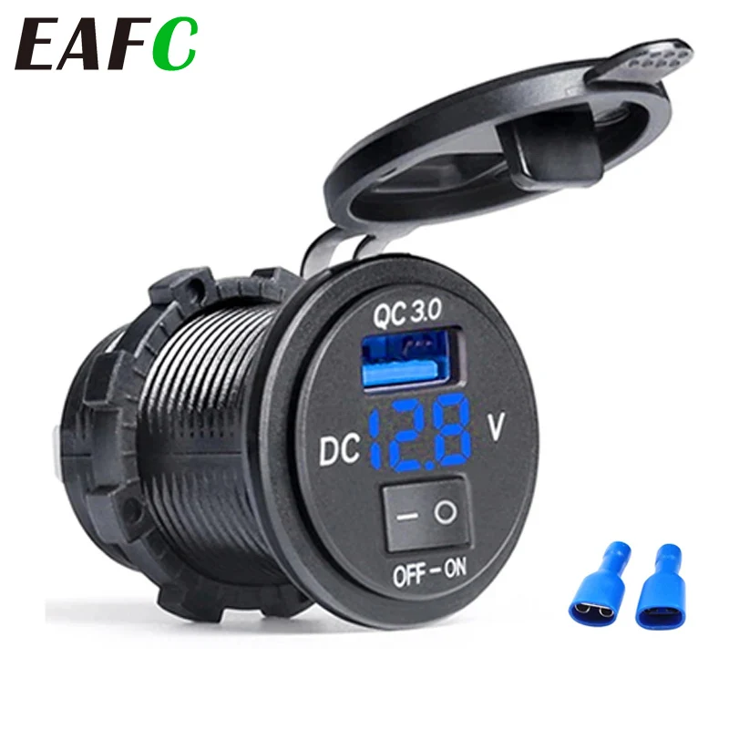 QC3.0 Quick Car Charger Socket with On/Off Switch 12V/24V Waterproof Car Power Outlet Socket for Motorcycle Marine Boat RV ATV