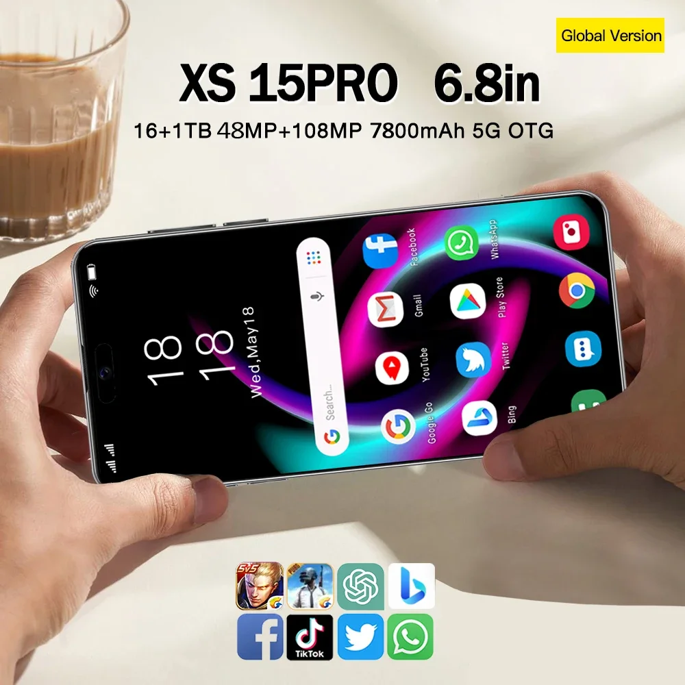 Brand New Original 16GB+1TB For Smartphone 6.8 inch XS15 Pro  Full Screen 4G 5G Cell Phone 7800mAh Mobile Phones Global Version