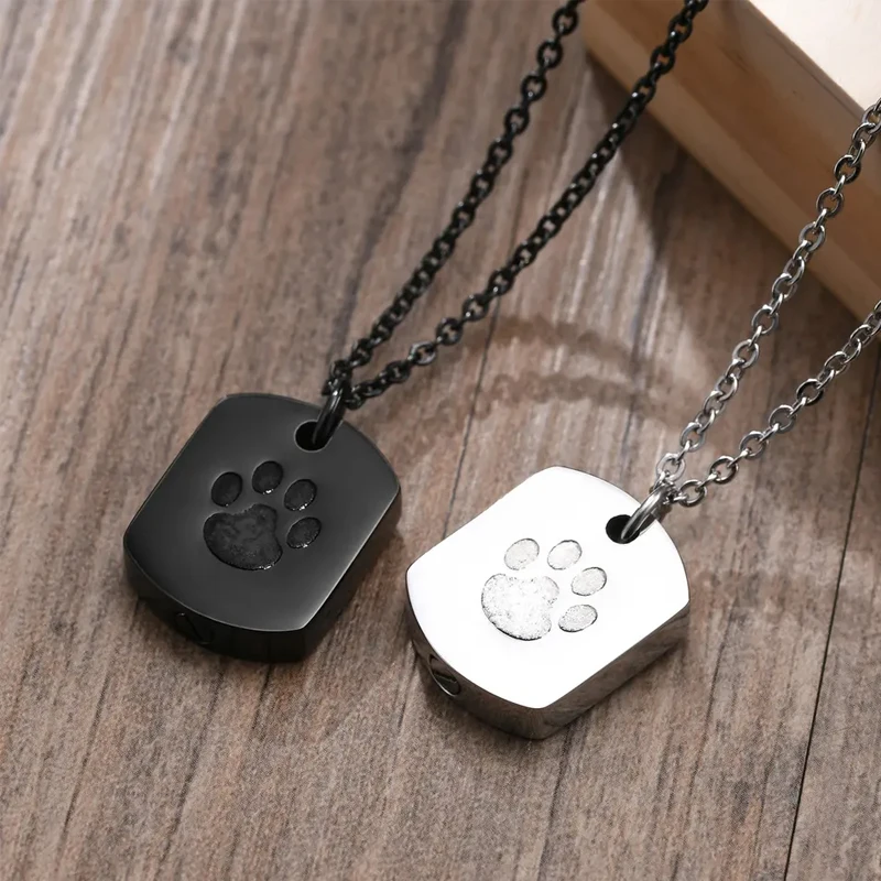 Cremation Jewelry Paw Print Urn Necklace for Ashes for Women Men Memorial Cat Dog Ashes Pendant Square Hang Tag Pendant