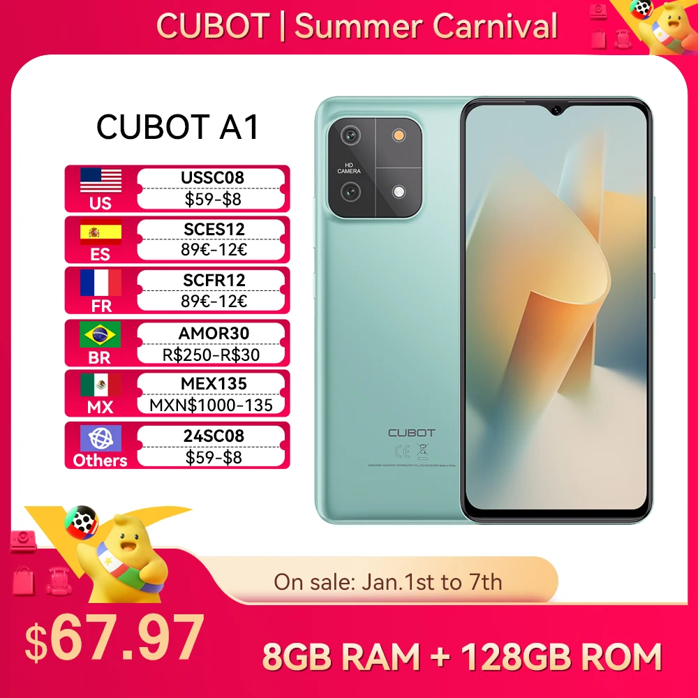 [World Premiere] Cubot A1, Smartphone Android 13, Octa-core 8GB RAM, 128GB ROM, 6.56” HD+ Screen, 13MP Camera, 5100mAh, Face ID