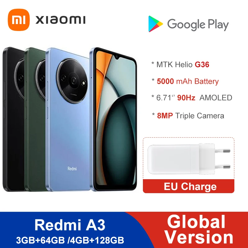 Global Version Xiaomi Redmi A3 4GB128GB 3GB 64GB Side Fingerprint MediaTek Helio G36 90Hz 6.71\