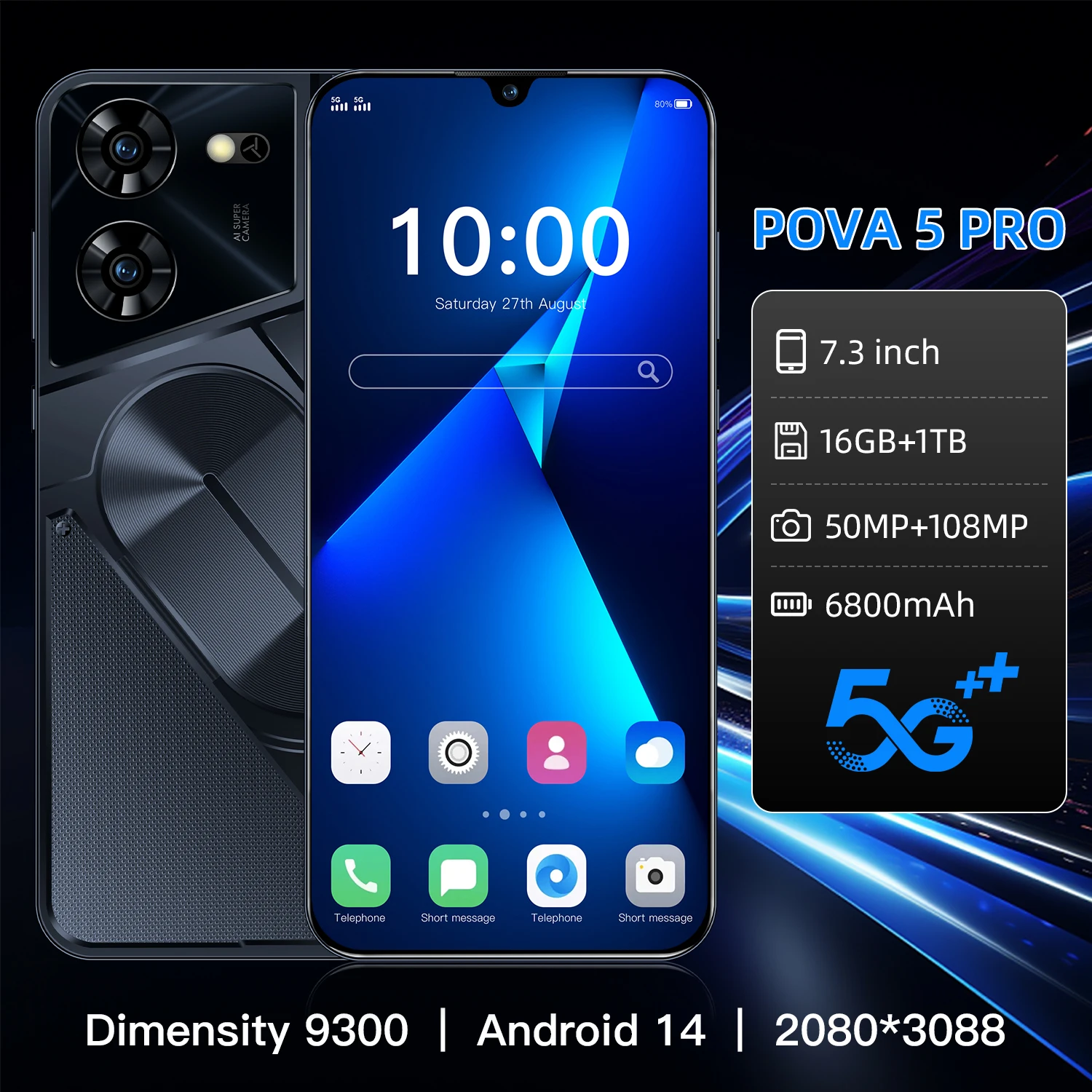 Pova 5 Pro Mobile Phones Original 16GB+1TB 4G 5G Dual Sim Cellphones 7.3HD Smartphone  Android Face Unlocked 6800mAh Cell Phone