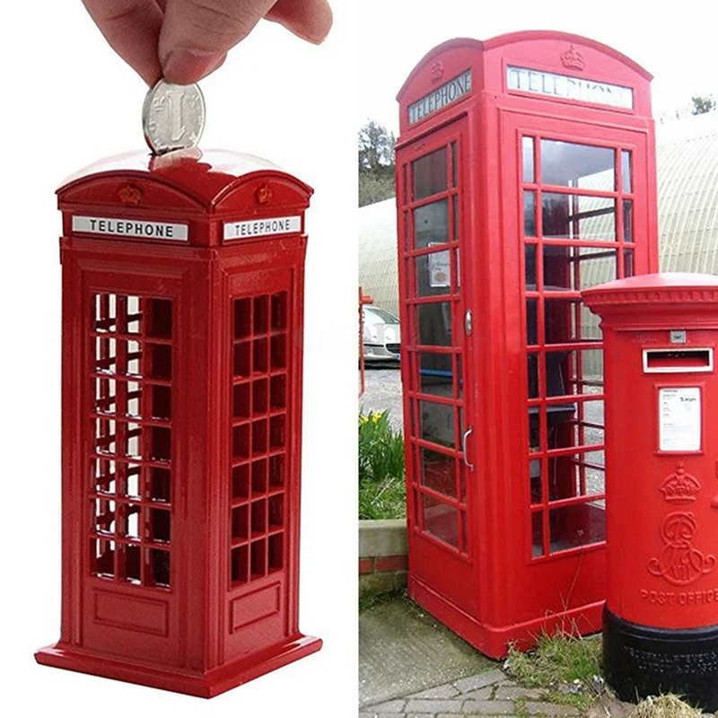 Metal Red British English London Telephone Booth Bank Coin Bank Saving Pot Piggy Bank Red Phone Booth Box 140X60X60Mm