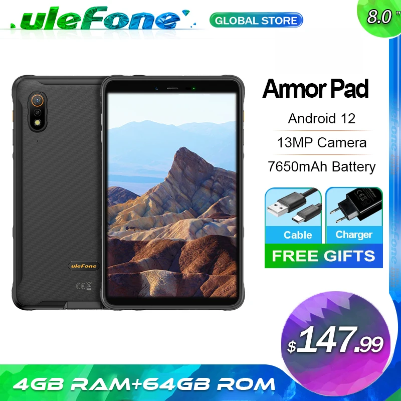 Ulefone Armor Pad Rugged Tablet IP68/IP69K 4G Android Tablet Phone 4GB RAM +64GB ROM 13MP Camera 7650mAh Portable Tablet