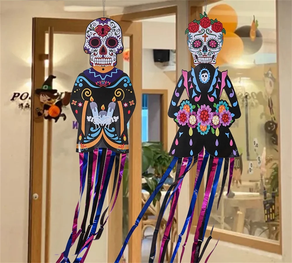 1.3m Mexico Day of the Dead Porch Sign Halloween Party Outdoor Decor Skeleton Ghost Couple Bride Groom Patio Door Hanging Flag