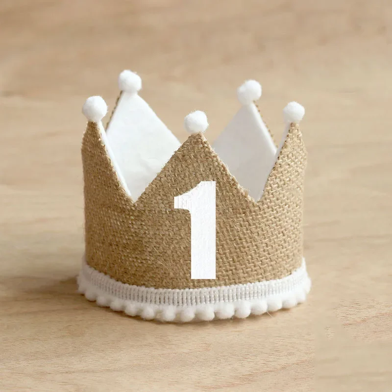 Burlap Crown Baby Birthday Party Hat 1/2 1 2 3 4 5 6 7 8 9 Year Baby Boy Girl Linen Headband 100 Year Adult Anniversary Cap