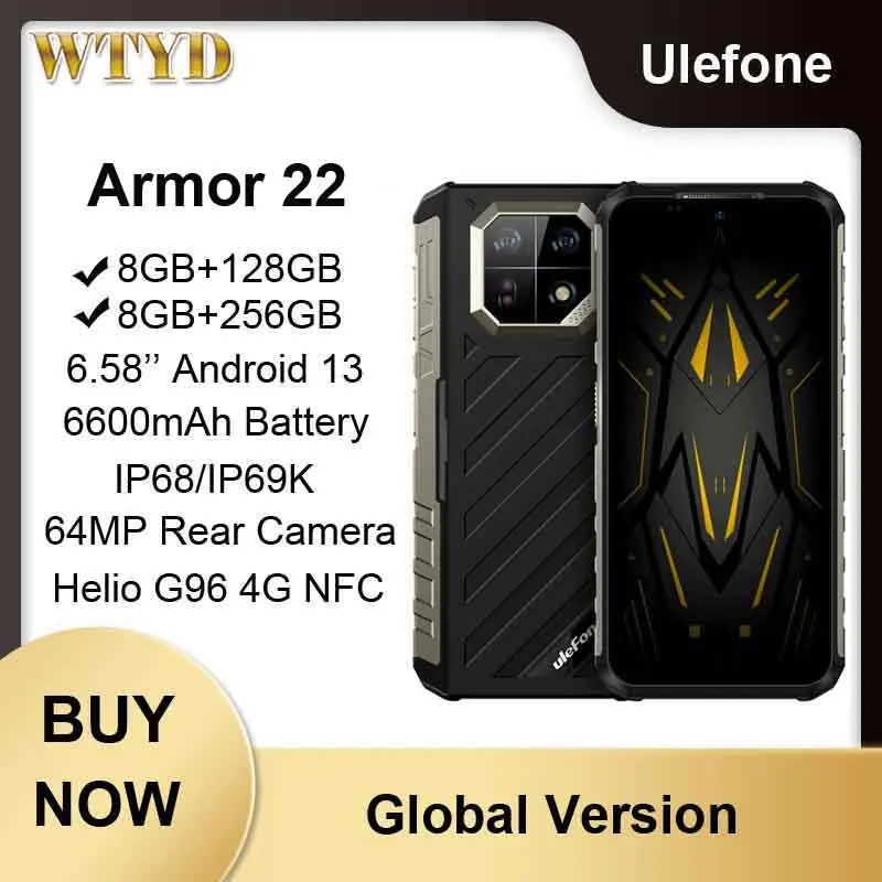 Ulefone Armor 22 Rugged Phone 8GB+128GB / 256GB 6600mAh 6.58” Android 13 Helio G96 Octa Core 64MP Rear Camera 4G NFC Smartphone