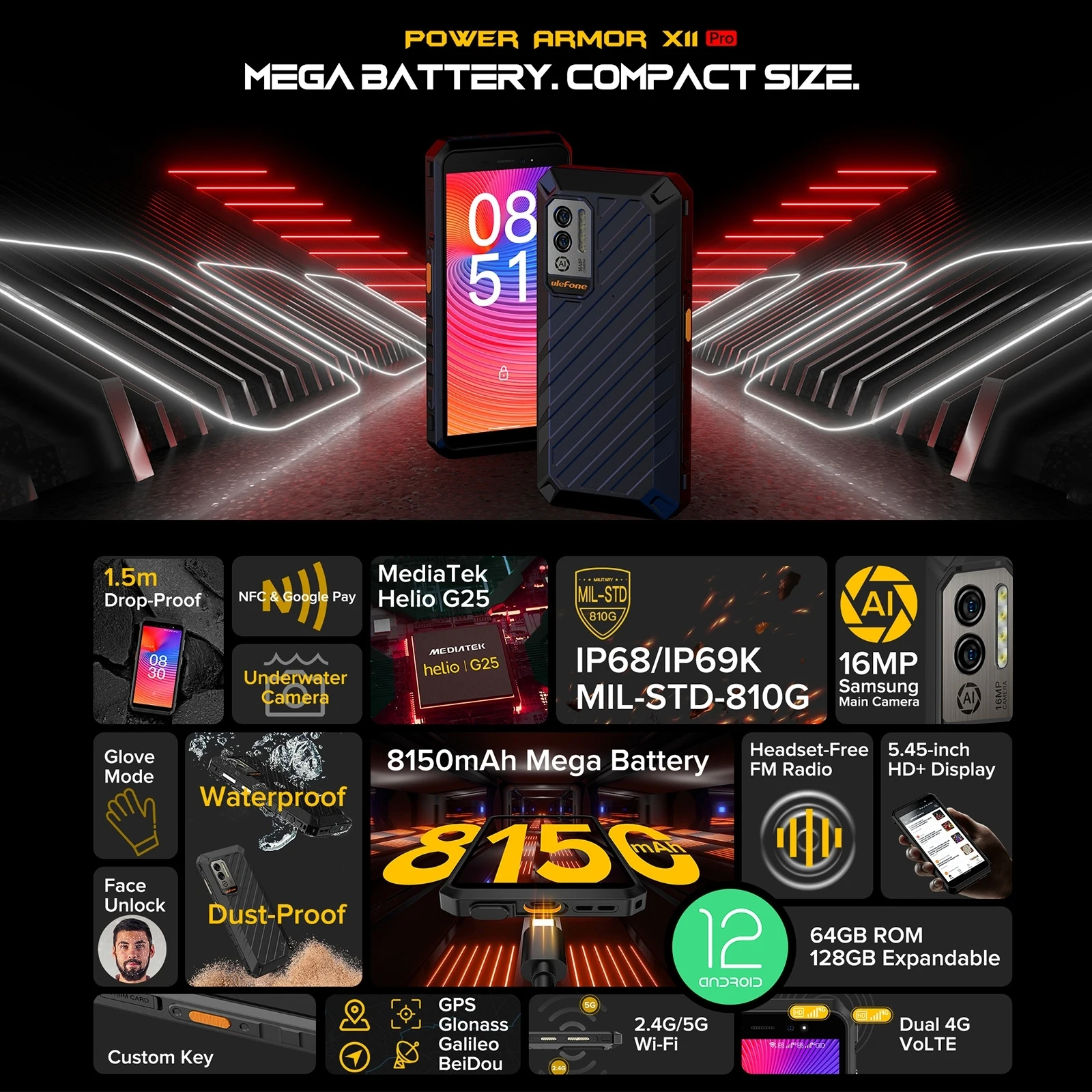 1718890925 342 Ulefone Power Armor X11 Pro Rugged Phone Android 12 Mobile Helio G25 Octa Core 4GB 64GB - Ulefone Power Armor X11 Pro Rugged Phone Android 12 Mobile Helio G25 Octa Core 4GB 64GB 5.45'' Screen 8150mAh Smartphone NFC