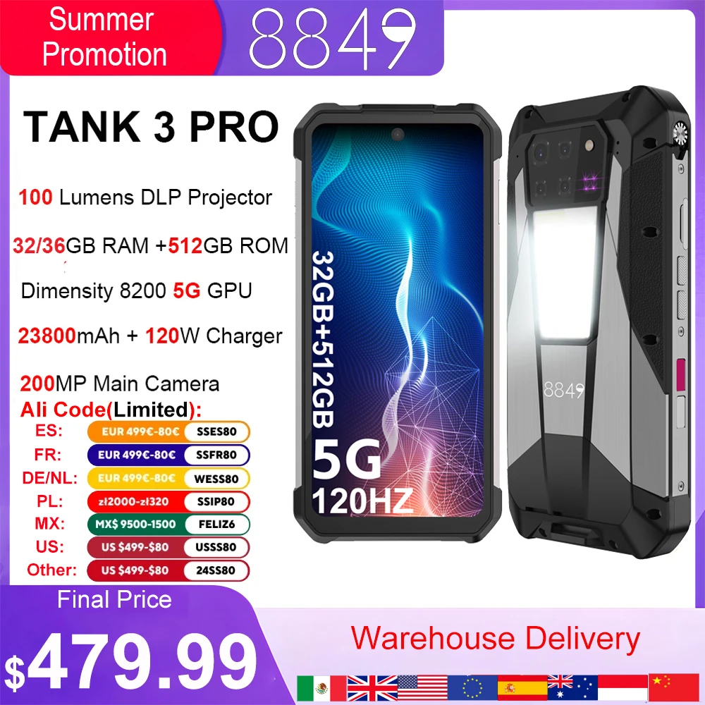 8849 Tank 3 Pro by Unihertz Rugged Smartphone 5G with 100 Lumens Projector 32/36GB 512GB 23800mAh Waterproof 200MP Cell Phones