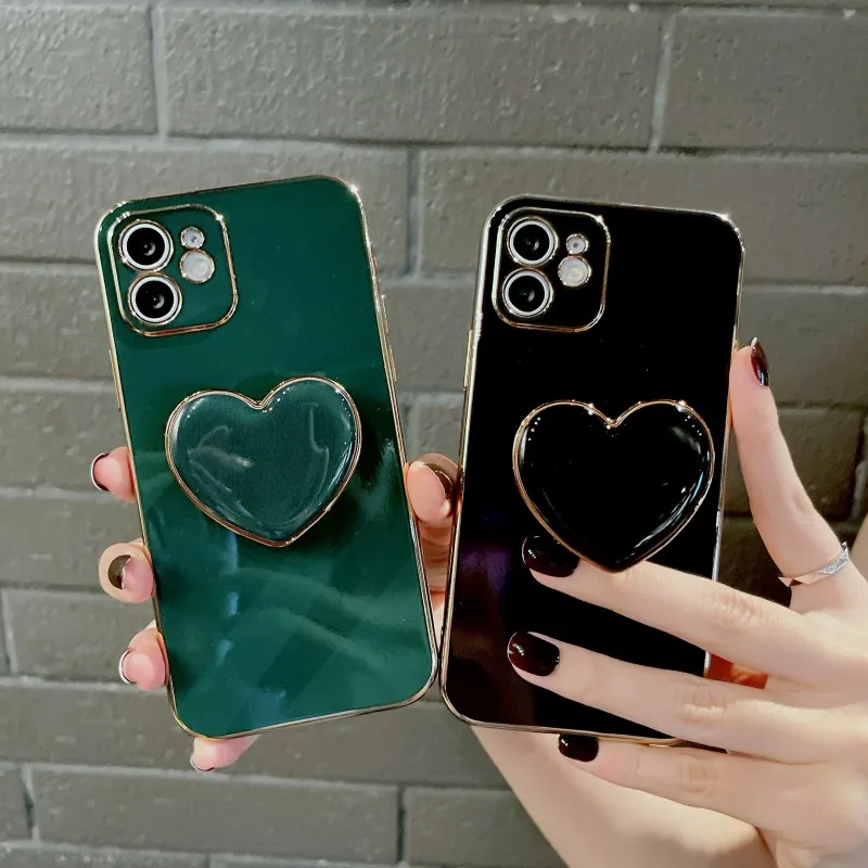 Korean Heart Holder Plating Shockproof Phone Case For iphone 15 13 14 12 11 Pro Max X XS XR 7 8 Plus SE 3 Anti-drop Soft Cover