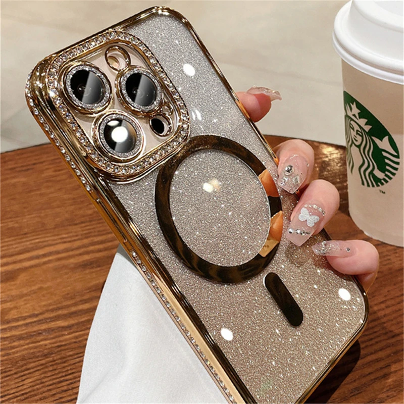 Luxury Plating Magsafe Magnetic Phone Case For iPhone 11 12 13 14 15 Pro Max Shiny Rhinestone Bumper Protector On 15 Plus Cover