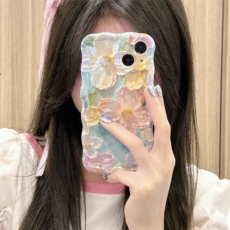Wave Blue Light Oil Painting Flower Phone Case Suitable for iPhone 11 12 13 14 15 Pro Max Small Fresh Phone Case Cover Casing