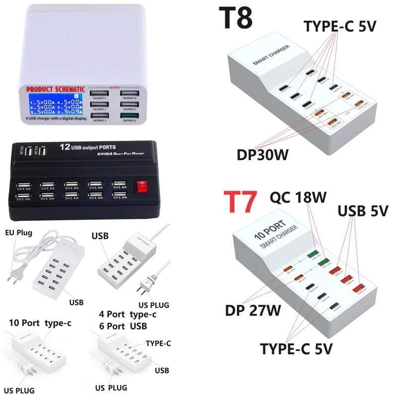 72W 50W 10-Ports USB C 5V DP 18W QC Charging Station type-c Charger Multi Port USB Hub phone Charger Charging Extension Socket