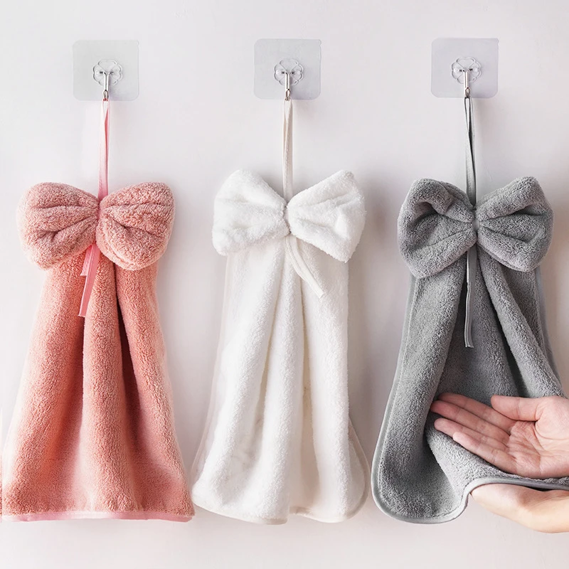 1pc Quick Dry Coral Velvet Hand Towel Cute Hanging Bowknot Towel Thickened Soft Skin Kitchen Bathroom Absorbent Lazy Hand Towel