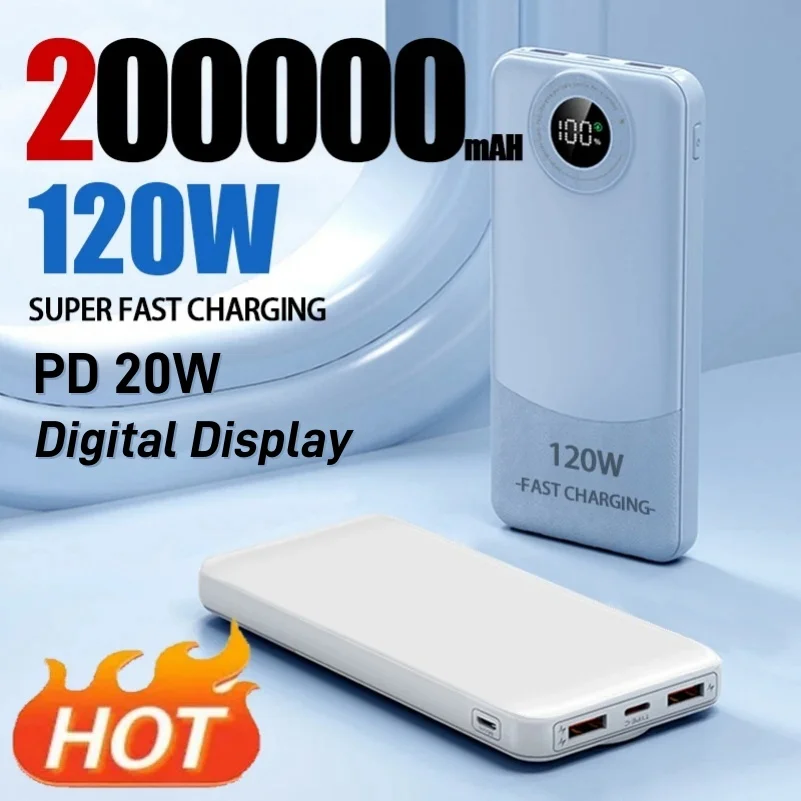 200000mAh Power Bank Large Capacity 120W Portable digital display Two-way Fast Charging External Battery Fully Compatible