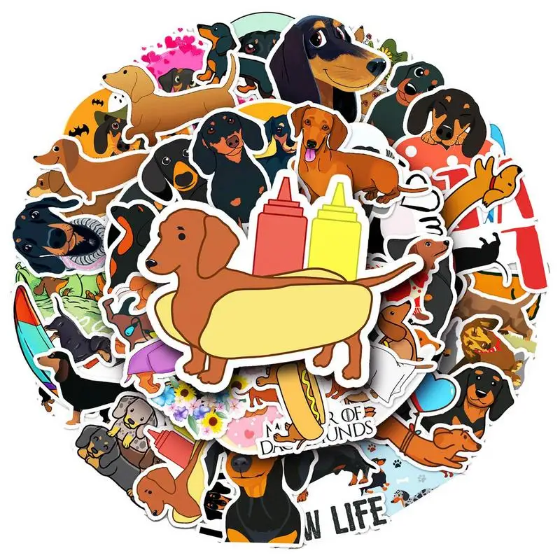 50Pcs Cute Waterproof Dachshund Stickers Funny DIY Animal Graffiti Decals for Waterbottles Laptop Luggage Phone Skateboard