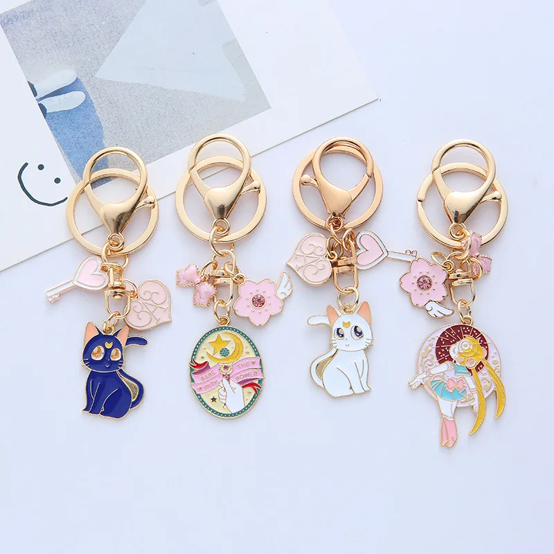 Anime Lucky Sailor Moon Cat Keychain Cute Bag Pendant Metal keyrings Car Key Chain Accessories Toy Gift for Women