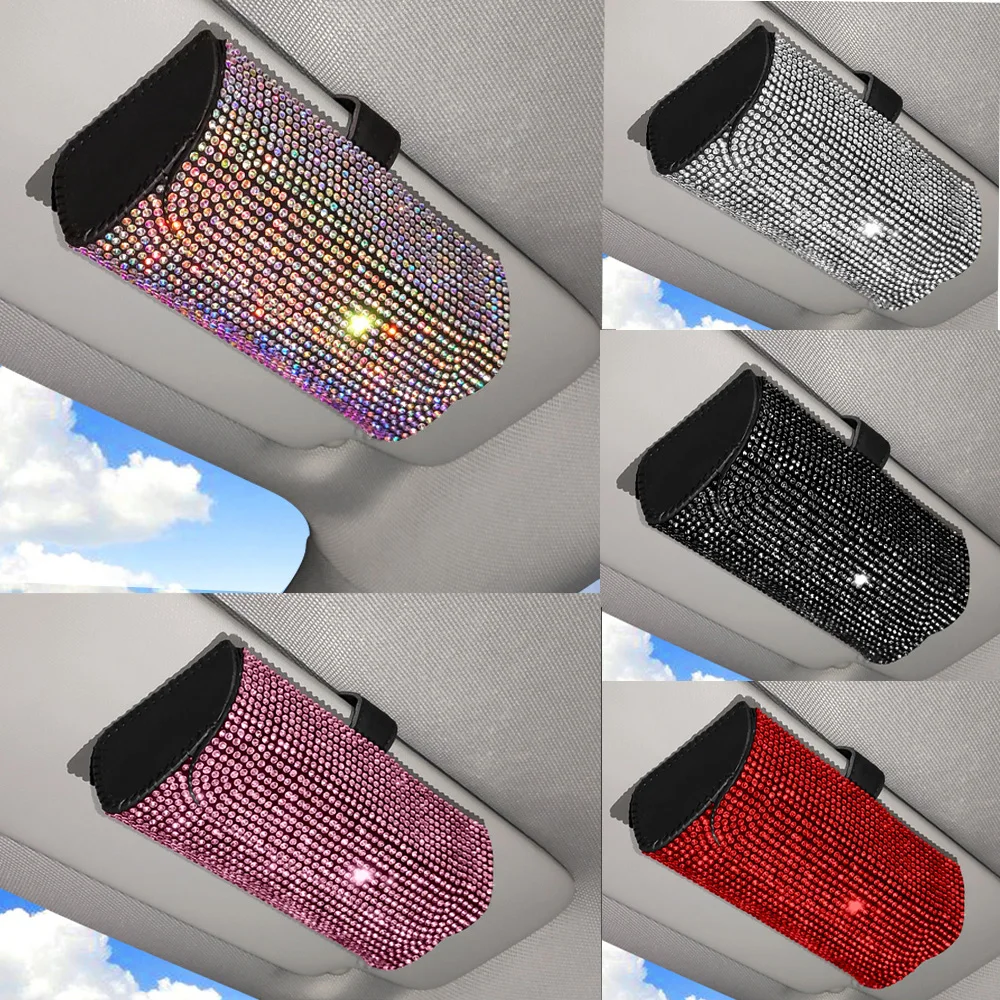 Bling Rhinestone Car Glasses Case Sunglasses Storage Box Crystal Auto Interior Accessories Sun Visor Organizer Glasses Holder