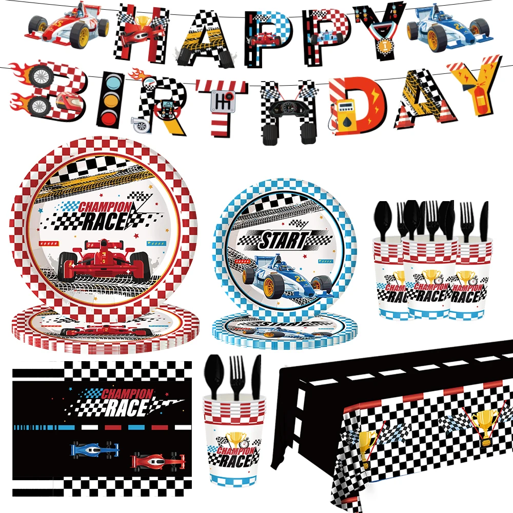 Checkered flag Racing car party tablecloths cups plates napkins race car balloon boys racing themed party birthday decoration