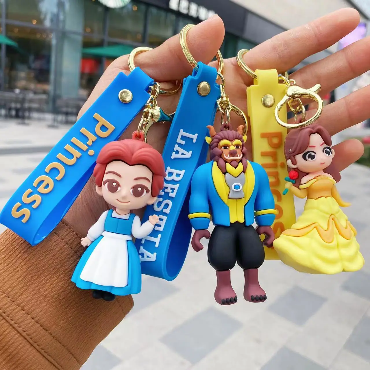 Creative Cartoon Beauty and Beast Key chain cute cartoon Princess Labelle Prince couple bag key pendant