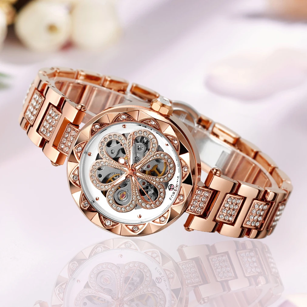 Forsining Elegant Rose Gold Skeleton Automatic Watch for Women Fashion Iced Out Luxury Brand Mechanical Lady Watches Steel Strap