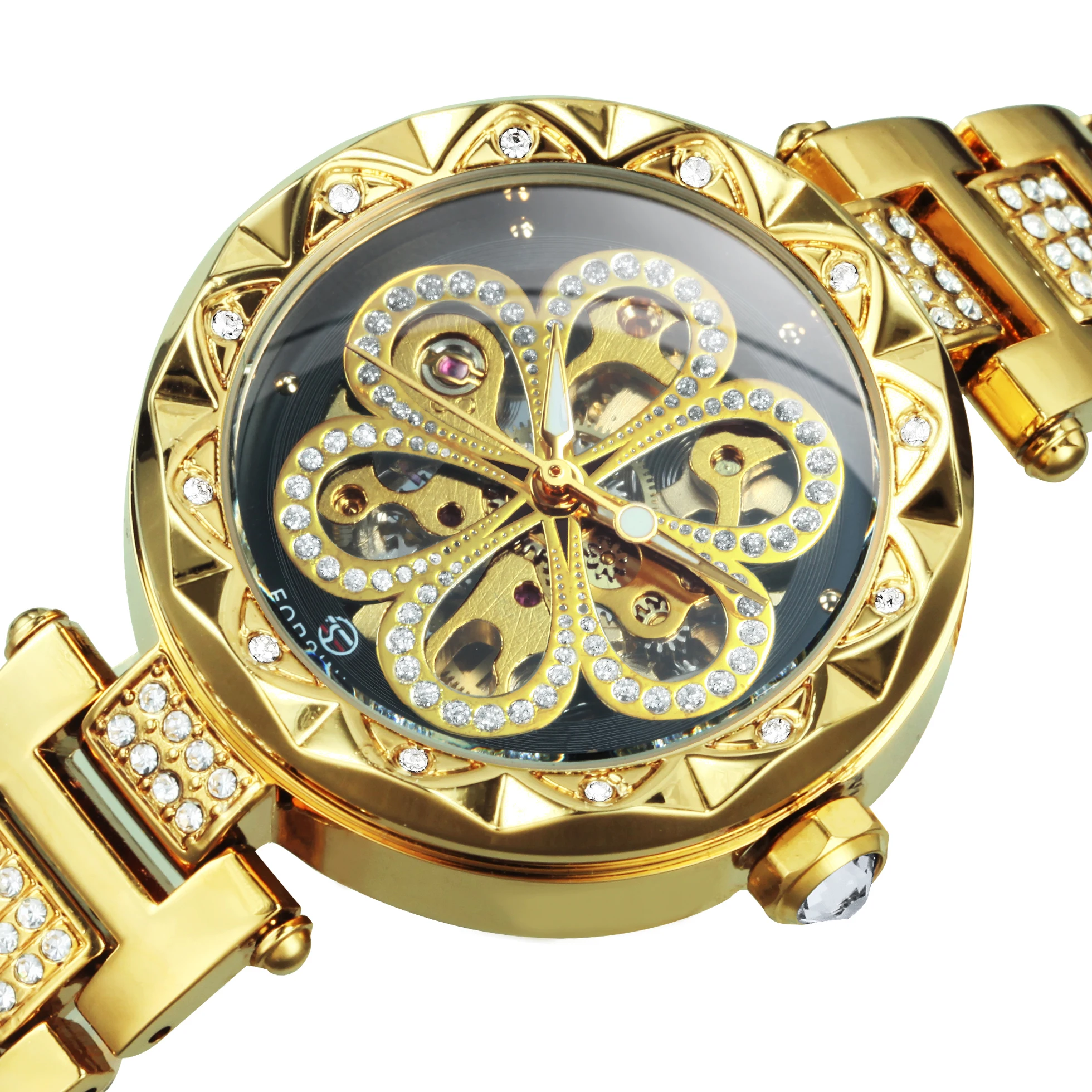 Forsining Gold Skeleton Watch for Women Fashion Diamond Luxury Automatic Mechanical Watches Luminous Hands Stainless Steel Strap