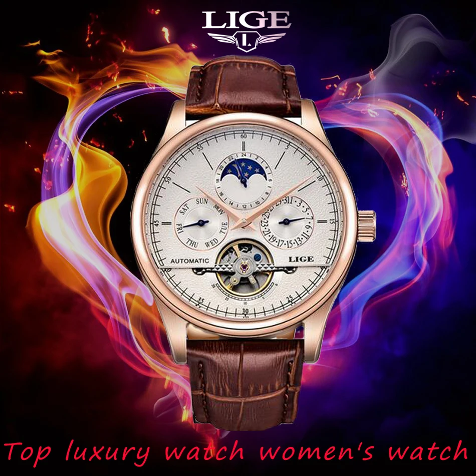 HTB19clSPwHqK1RjSZFEq6AGMXXar - LIGE Brand Women Watch Automatic Mechanical Watch Tourbillon Fashion Clock Leather Casual Waterproof Wristwatch relogio feminino