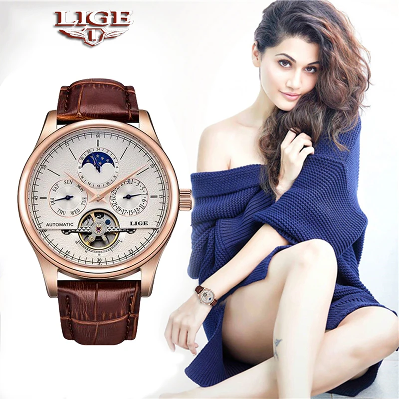 LIGE Brand Women Watch Automatic Mechanical Watch Tourbillon Fashion Clock Leather Casual Waterproof - LIGE Brand Women Watch Automatic Mechanical Watch Tourbillon Fashion Clock Leather Casual Waterproof Wristwatch relogio feminino