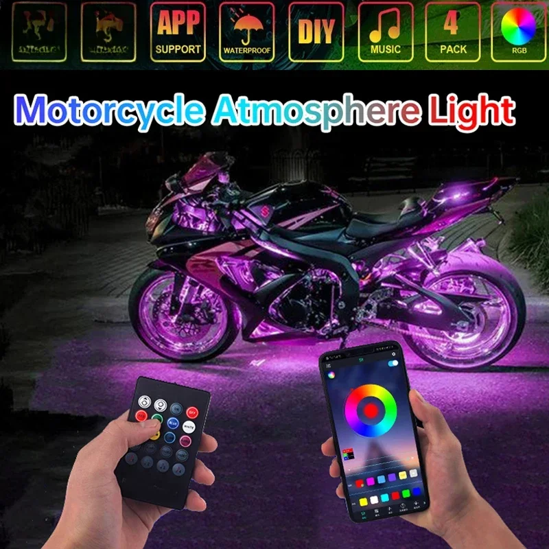 Led Motorcycle RGB Atmosphere Foot Light Remote APP Control Flexible Waterproof Sound Control 12V Moto Decorative Lamp Strip