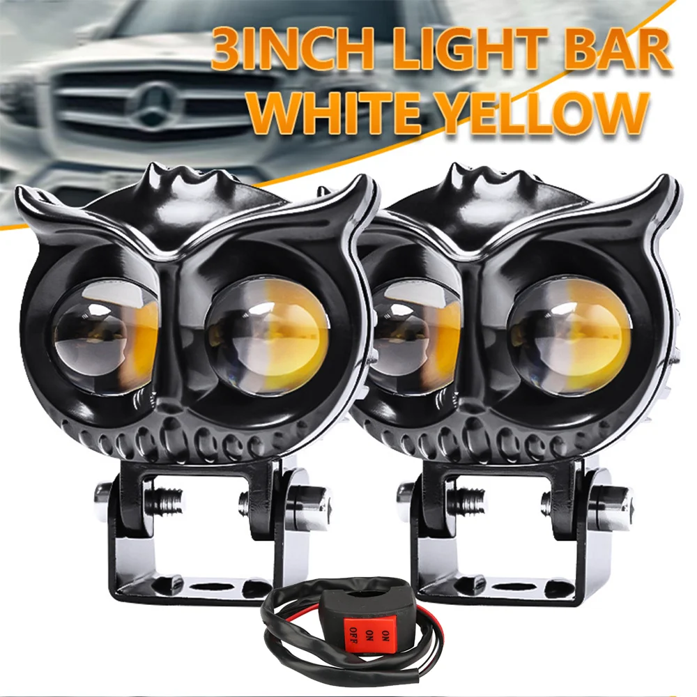 Motorcycle Fog Light Car Dual Color Led Headlight Owl Design Head Light ATV Scooter for Auxiliary Spotlight Lamp Accessories