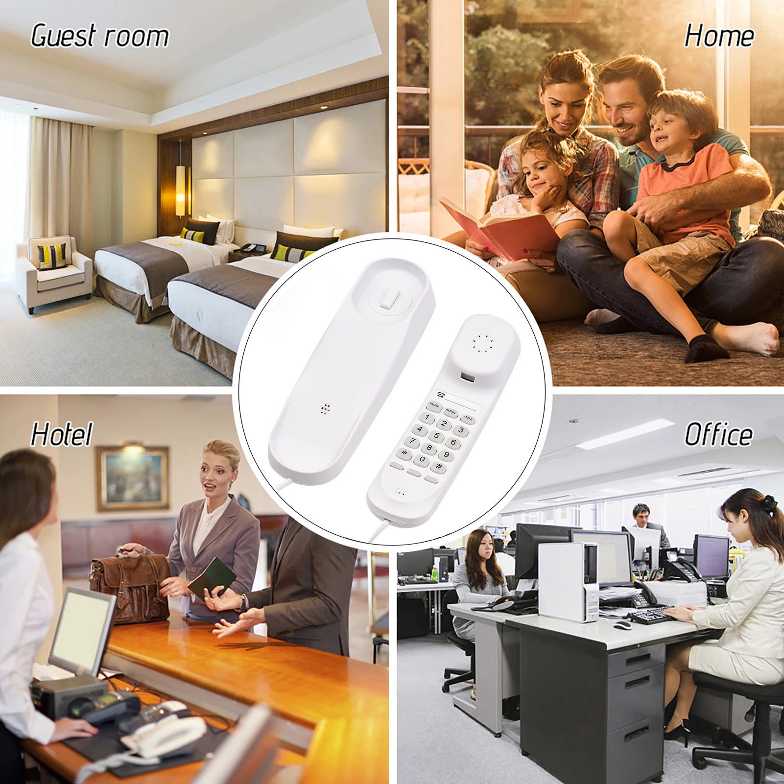 S00e529bd403440838be643951199cb56A - Mini Desktop Corded Landline Phone Fixed Telephone Wall Mountable Supports Mute/ Pause/Redial Functions for Home Hotel Office